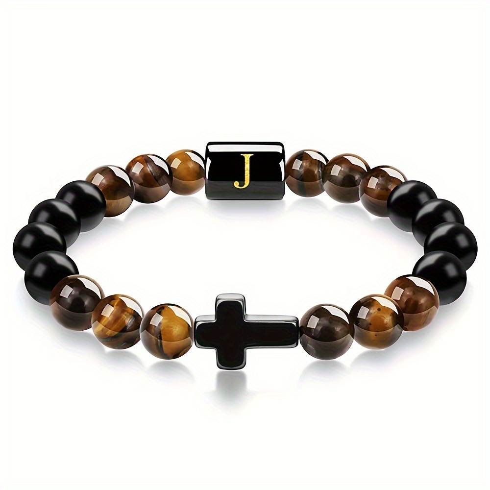 Natural Tiger Eye Stone Cross Letter Bracelet