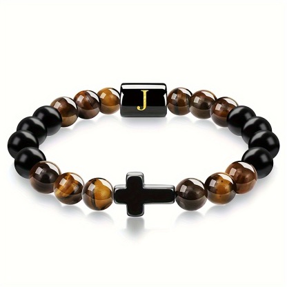 Natural Tiger Eye Stone Cross Letter Bracelet