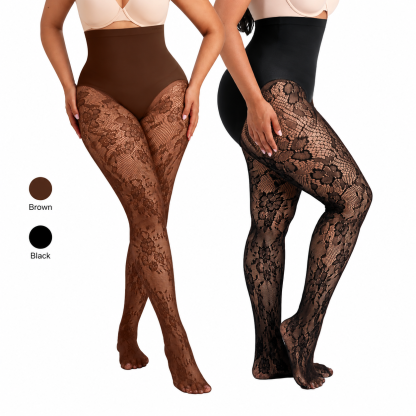 High-Waisted Floral Lace Shaping Tights