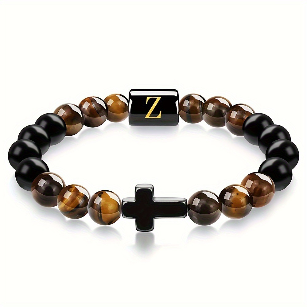Natural Tiger Eye Stone Cross Letter Bracelet