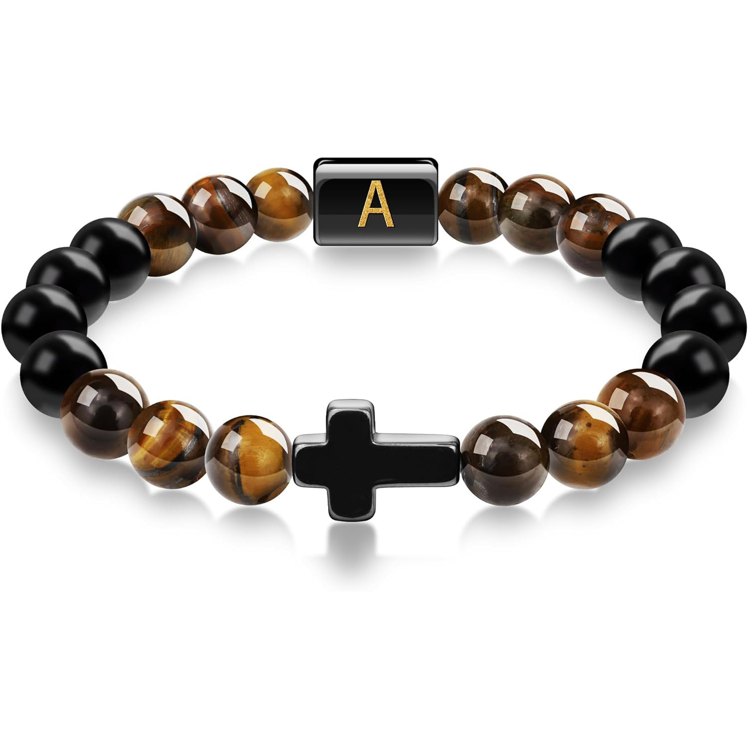 Natural Tiger Eye Stone Cross Letter Bracelet