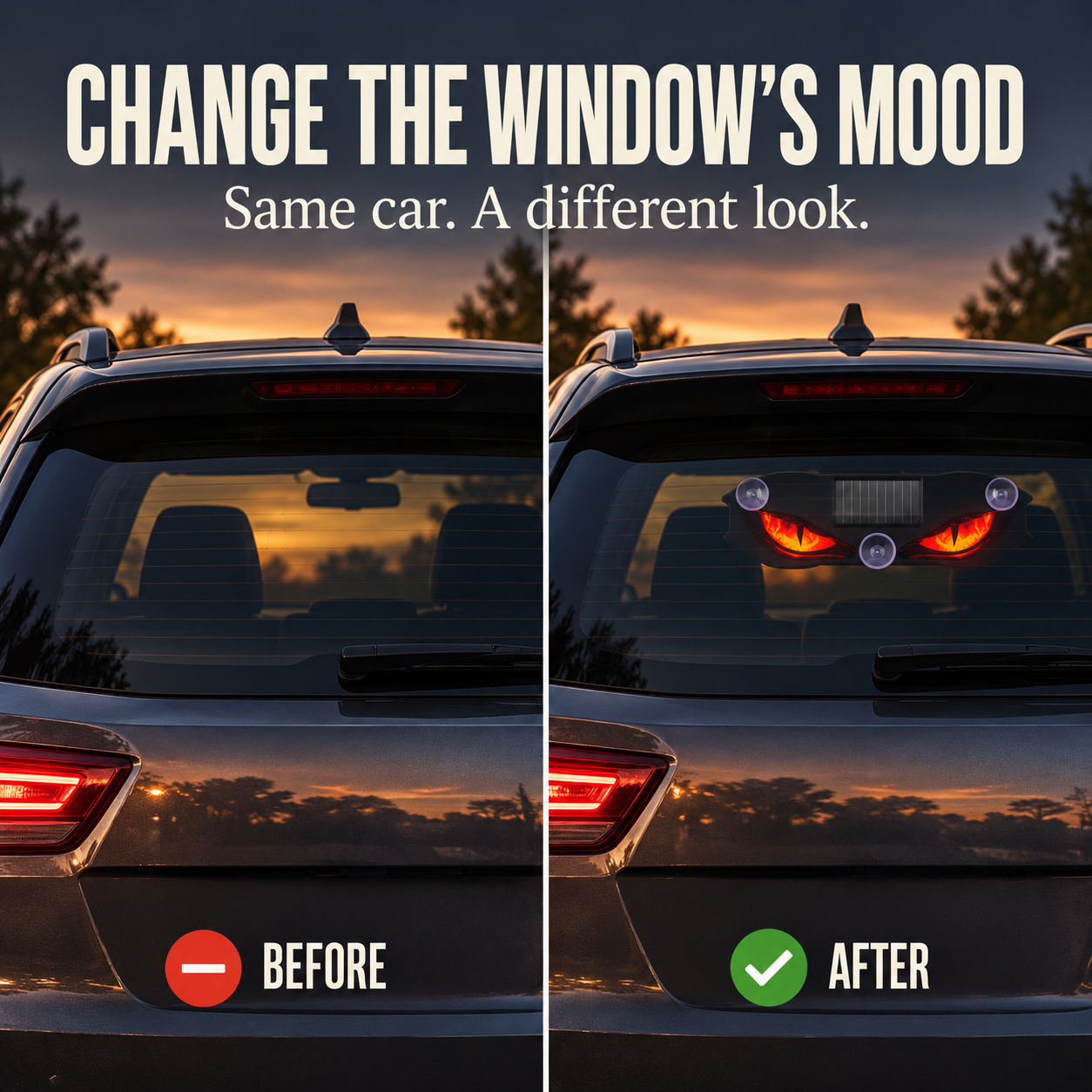 🚗🔆 Solar LED Devil Eyes Car Window Light with USB-C Charging 😈