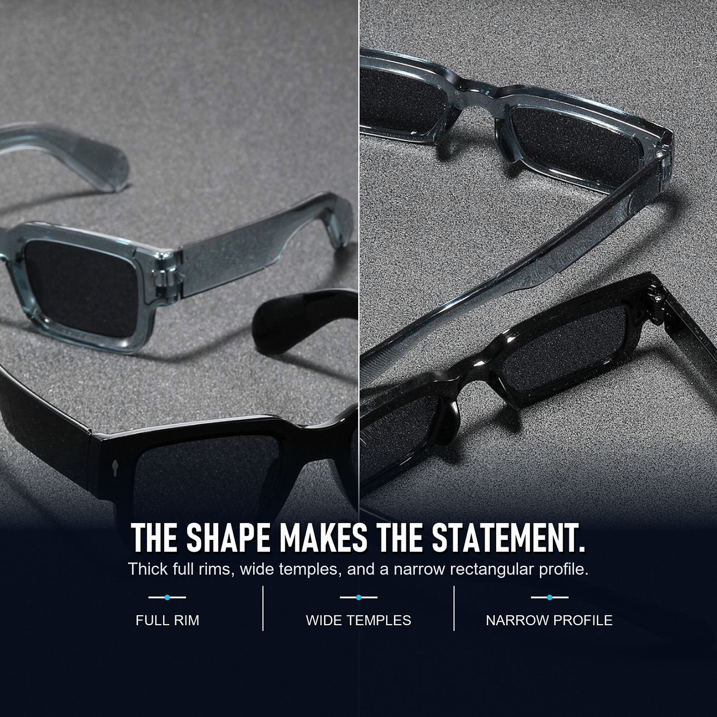 Retro Full-Rim Rectangle Sunglasses - 2-Piece Black & Smoke Gray Set