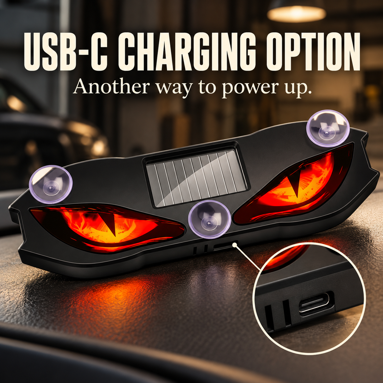 🚗🔆 Solar LED Devil Eyes Car Window Light with USB-C Charging 😈