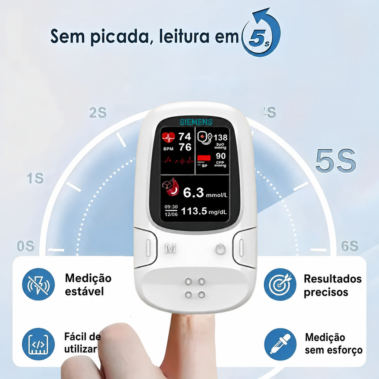 🩸 Medidor de glicemia sem picada – Siemens | Monitorização da glicose sem dor em casa 📊
