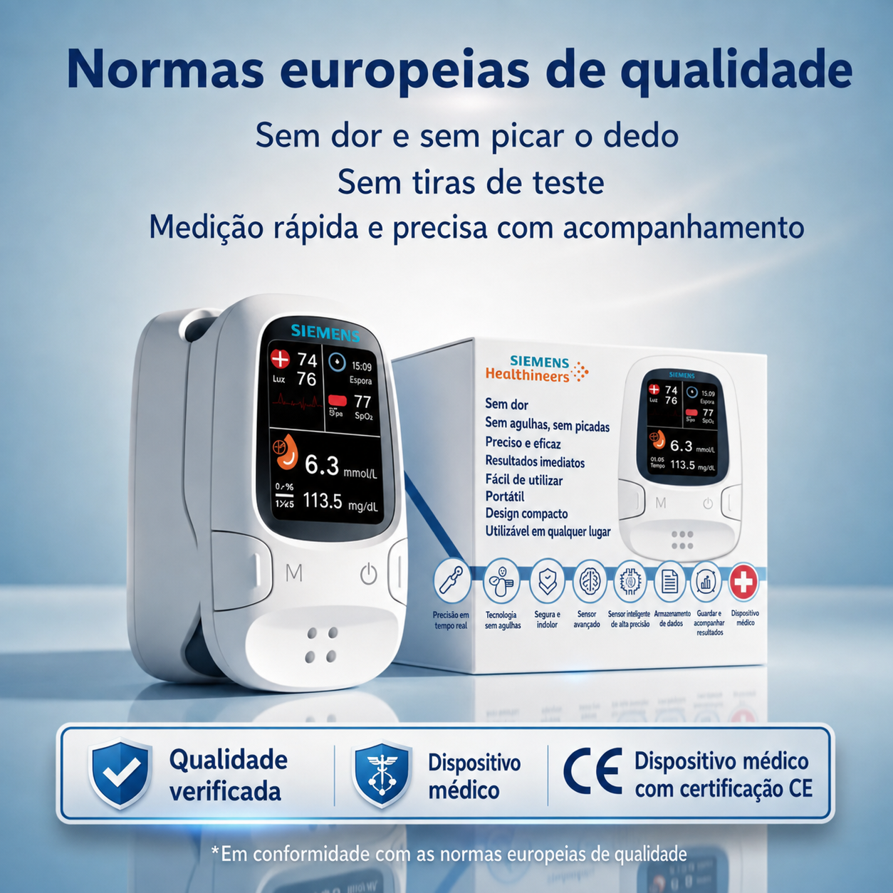 🩸 Medidor de glicemia sem picada – Siemens | Monitorização da glicose sem dor em casa 📊