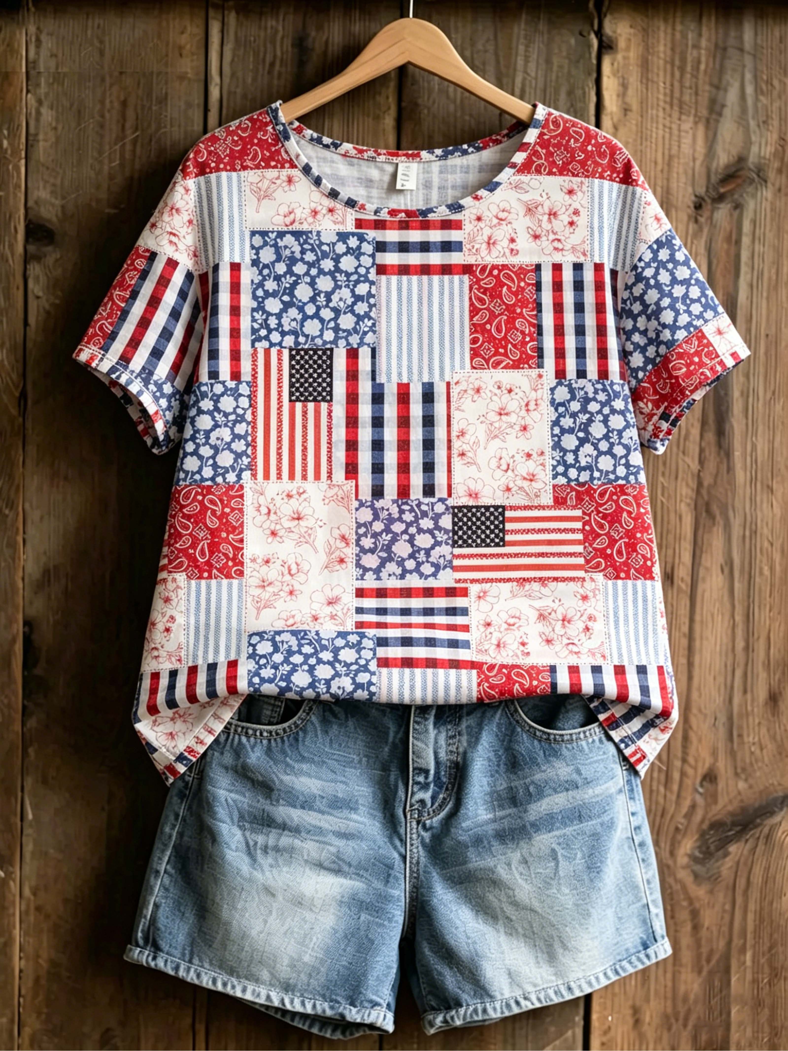 USA Themed Patchwork Casual Top