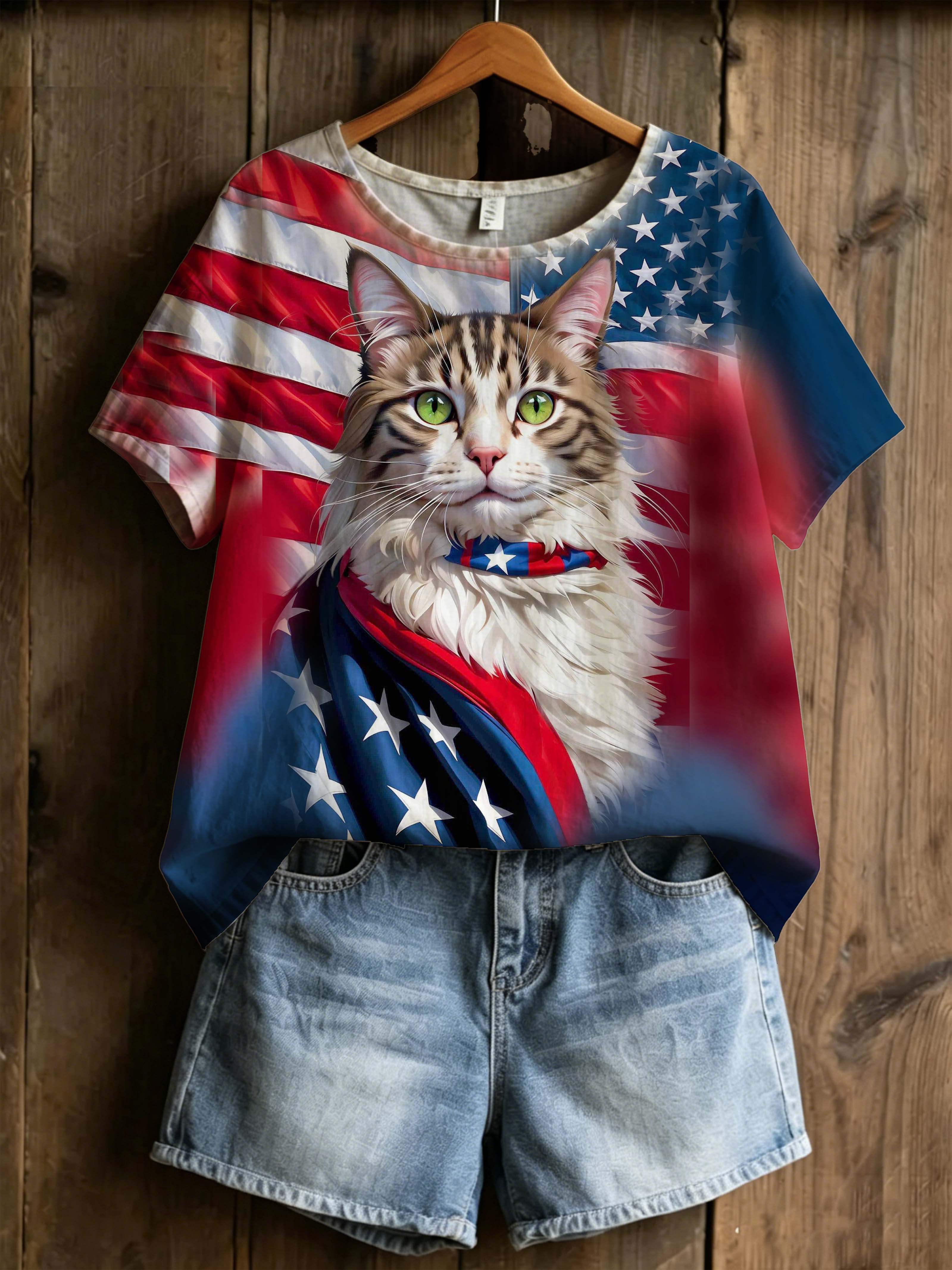 USA Flag Cat 4th of July Themed Tee