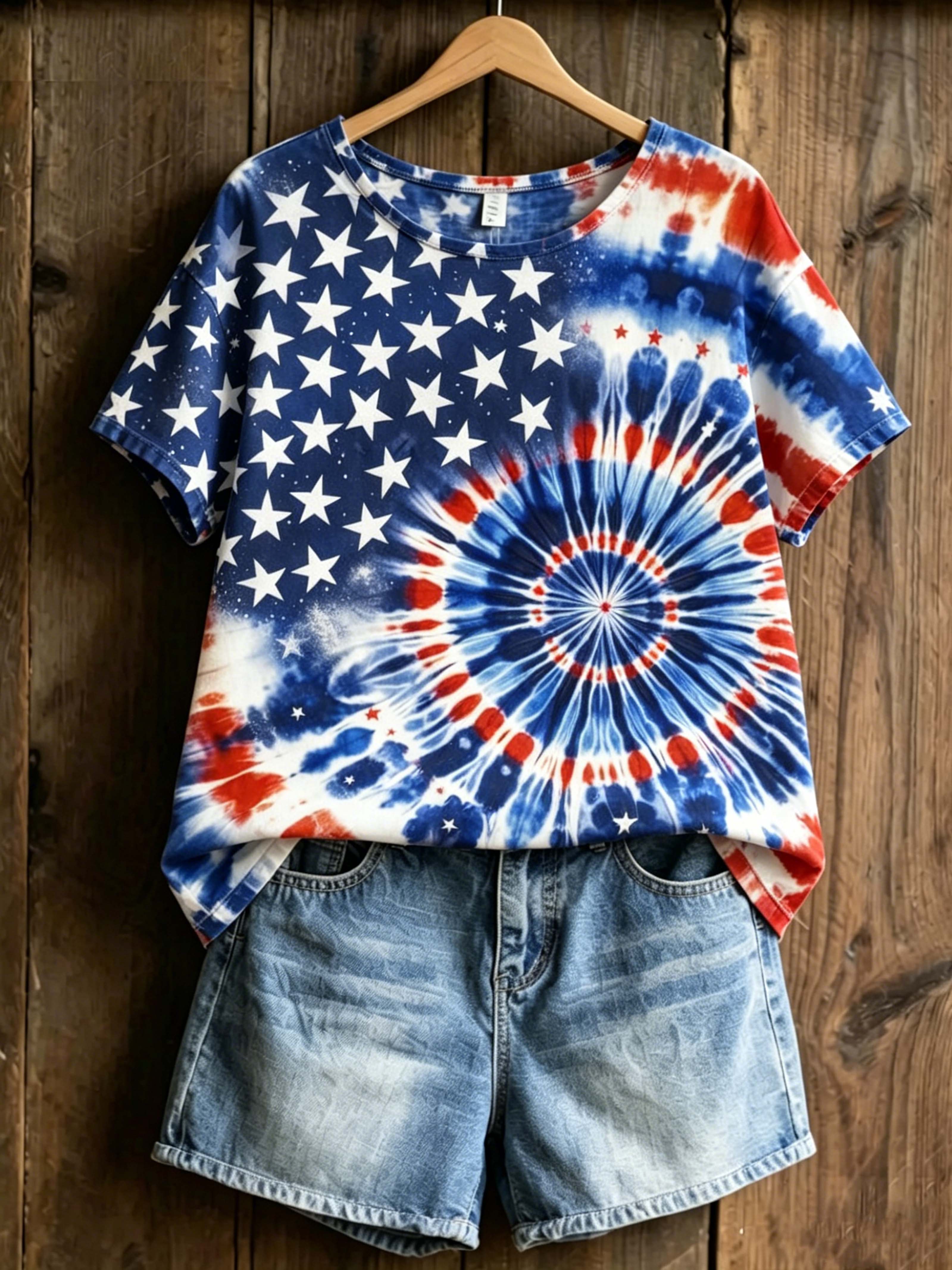 USA Flag Tie-Dye Star Print Tee