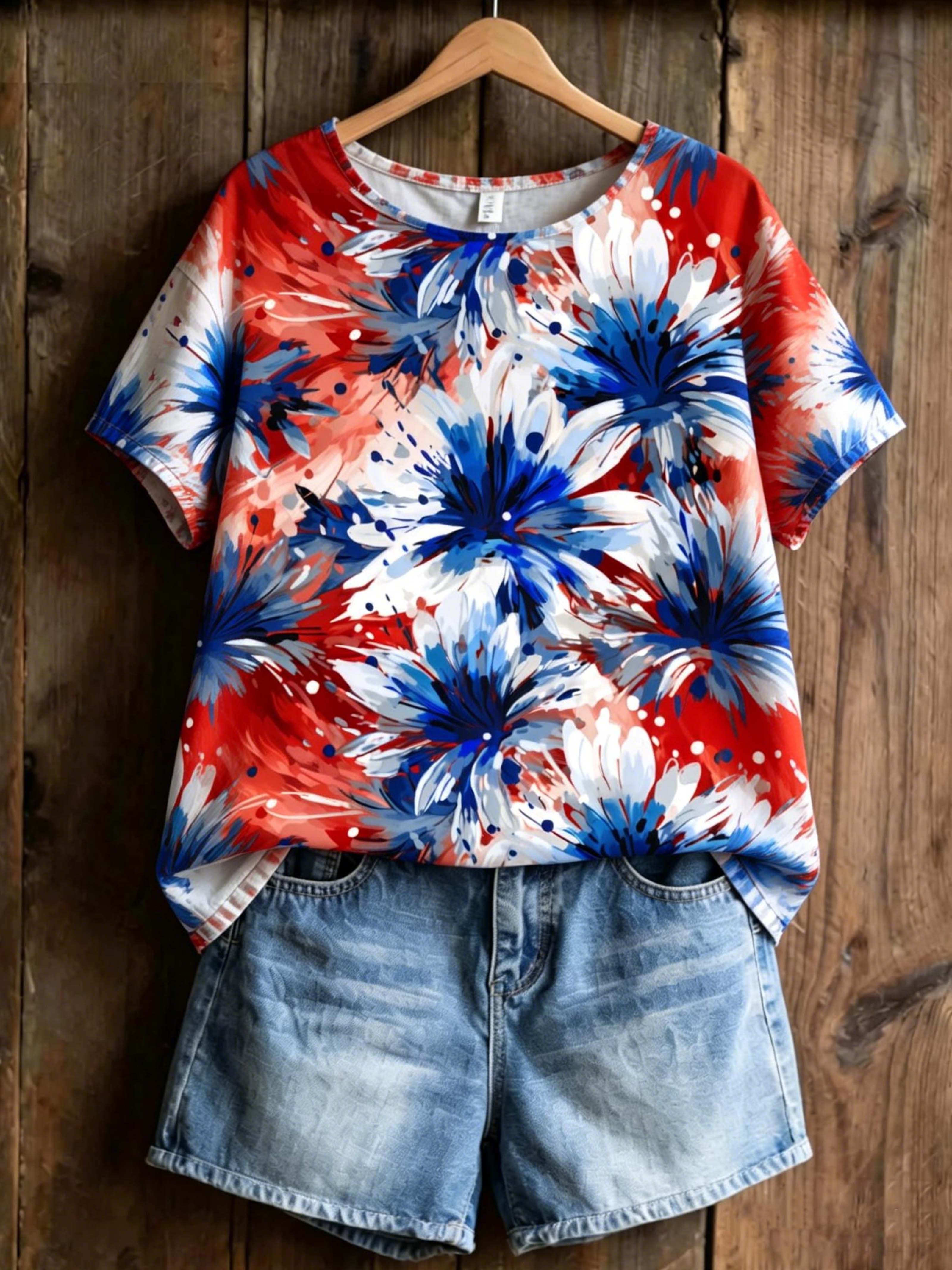 Red White Blue Splash Floral Art Top