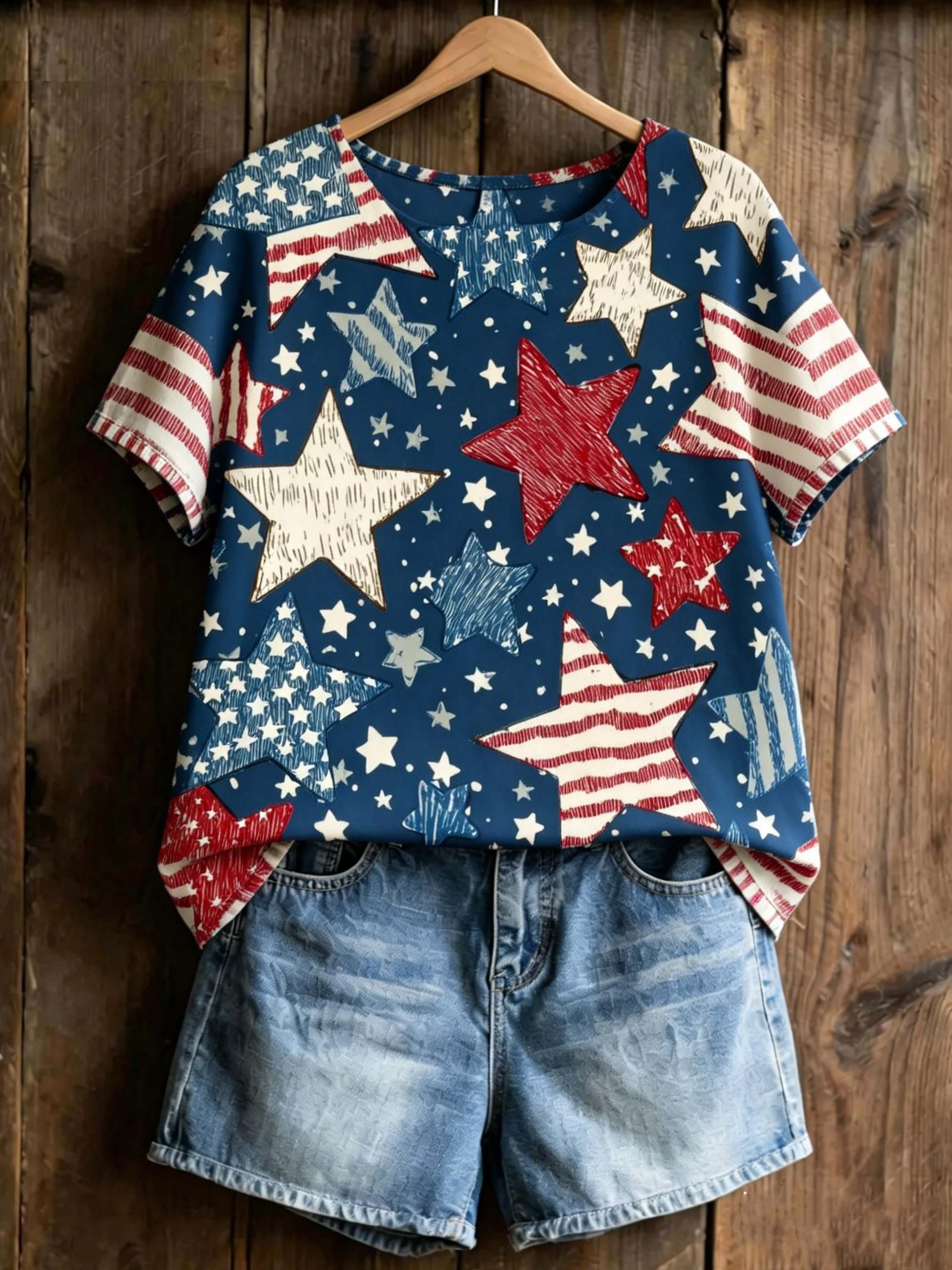 USA Themed Hand-Drawn Star Stripe Top