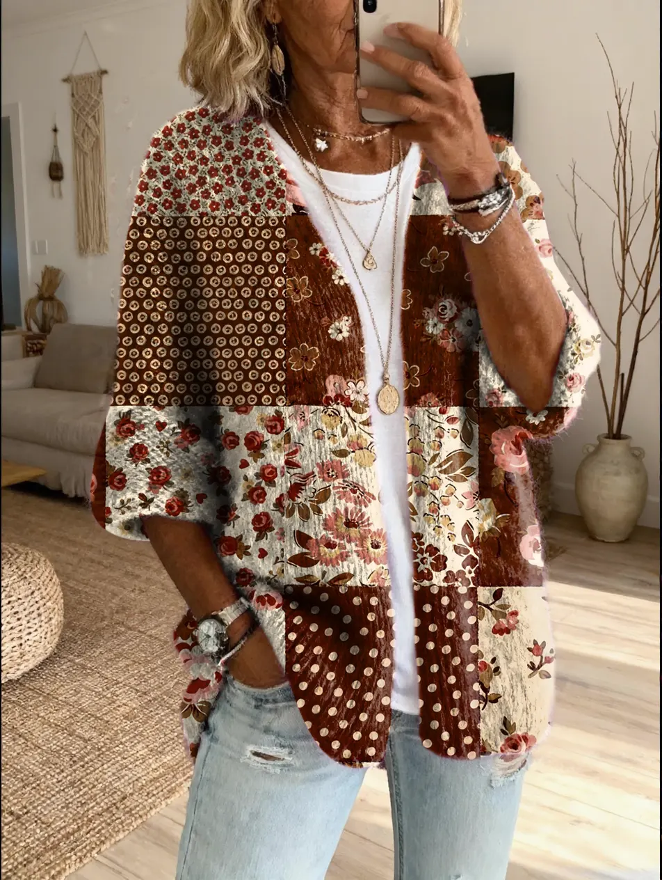 Women's Vintage Patchwork Floral Art Print Casual Cardigan Sweater
