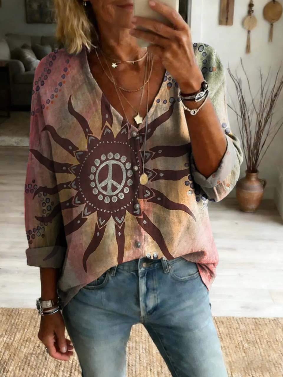 Women's Bohemian Hippie Sunflower Art Print Casual Linen V-Neck Shirt