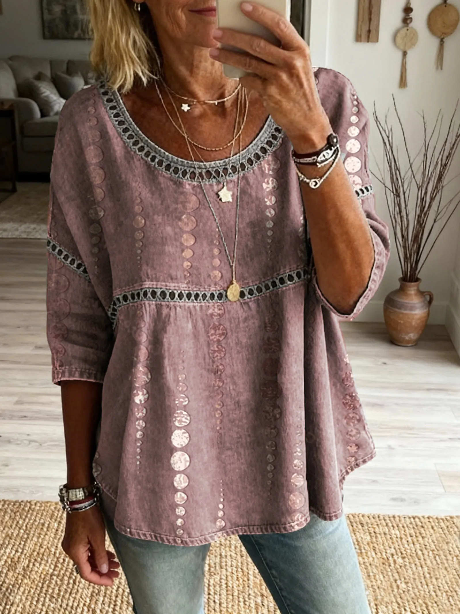 Women's Polka Dot Art Print Round Neck Hollow Cotton Shirt