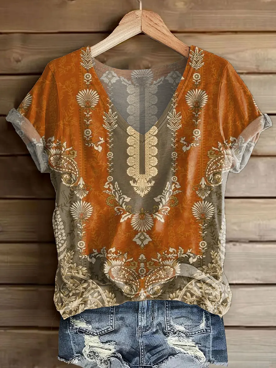 Women's Vintage Floral Pattern Art Print V-neck Short Sleeve