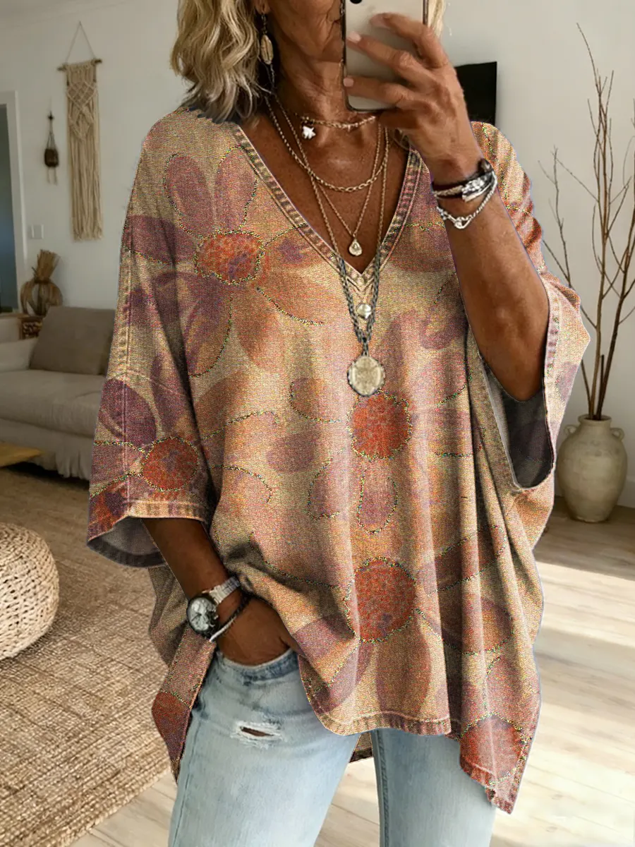 Women's Vintage Floral Art Print Casual Loose Washed Cotton Denim Top