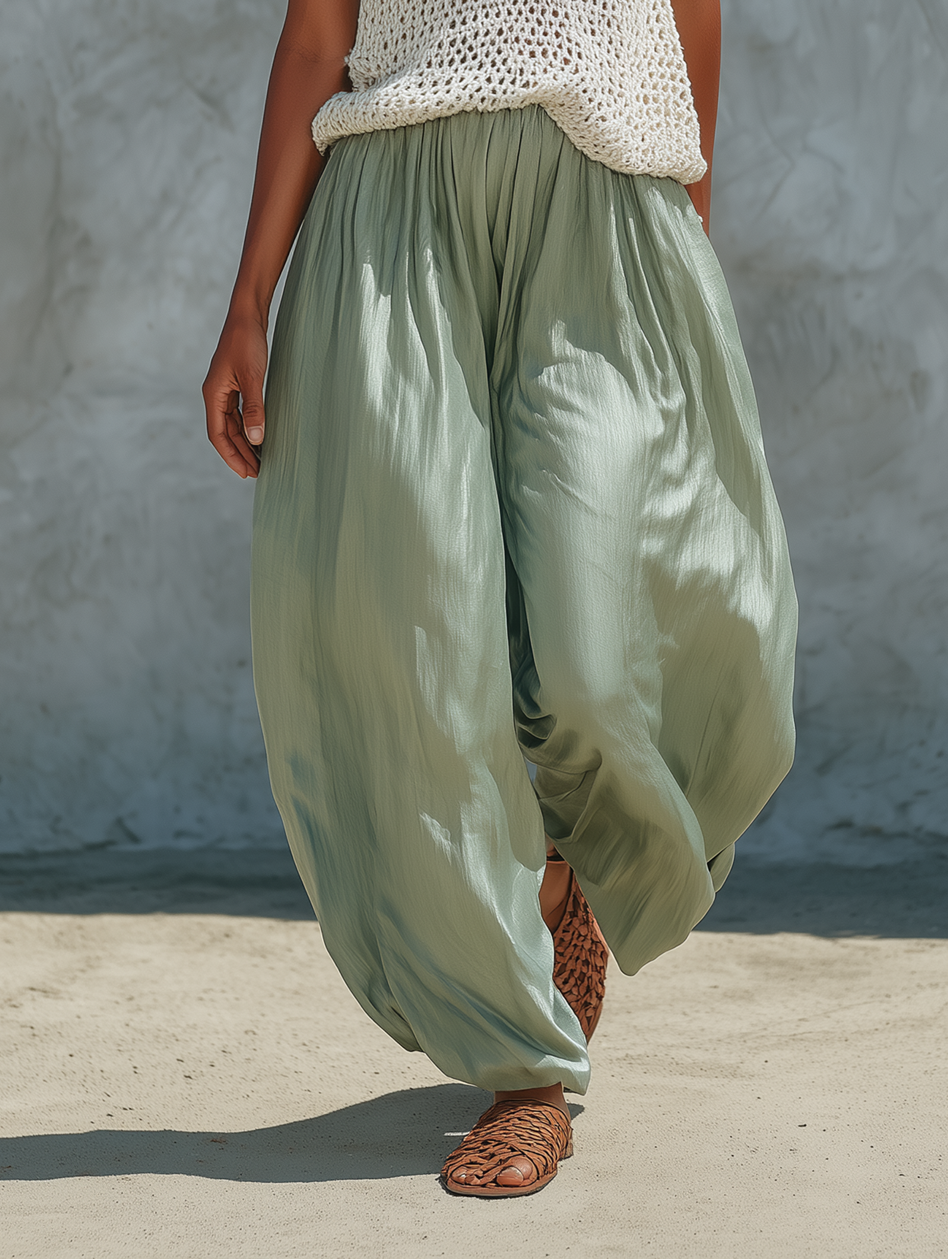 Women's Minimalist Mesh-Knit Tank Top And Faux-Acetate Balloon Pants Set MDZ2710C0Y