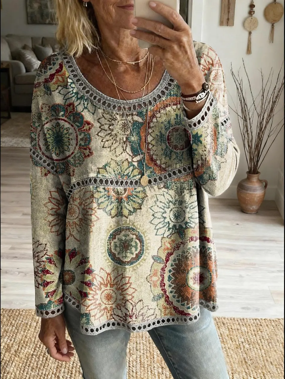 Women's Retro Floral Art Print Casual Round Neck Hollow-out Top