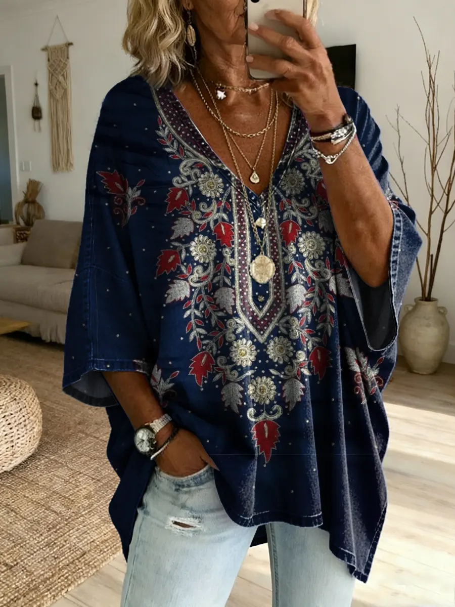 Women's Vintage Ethnic Floral Print Casual Washed Cotton Denim Shirt