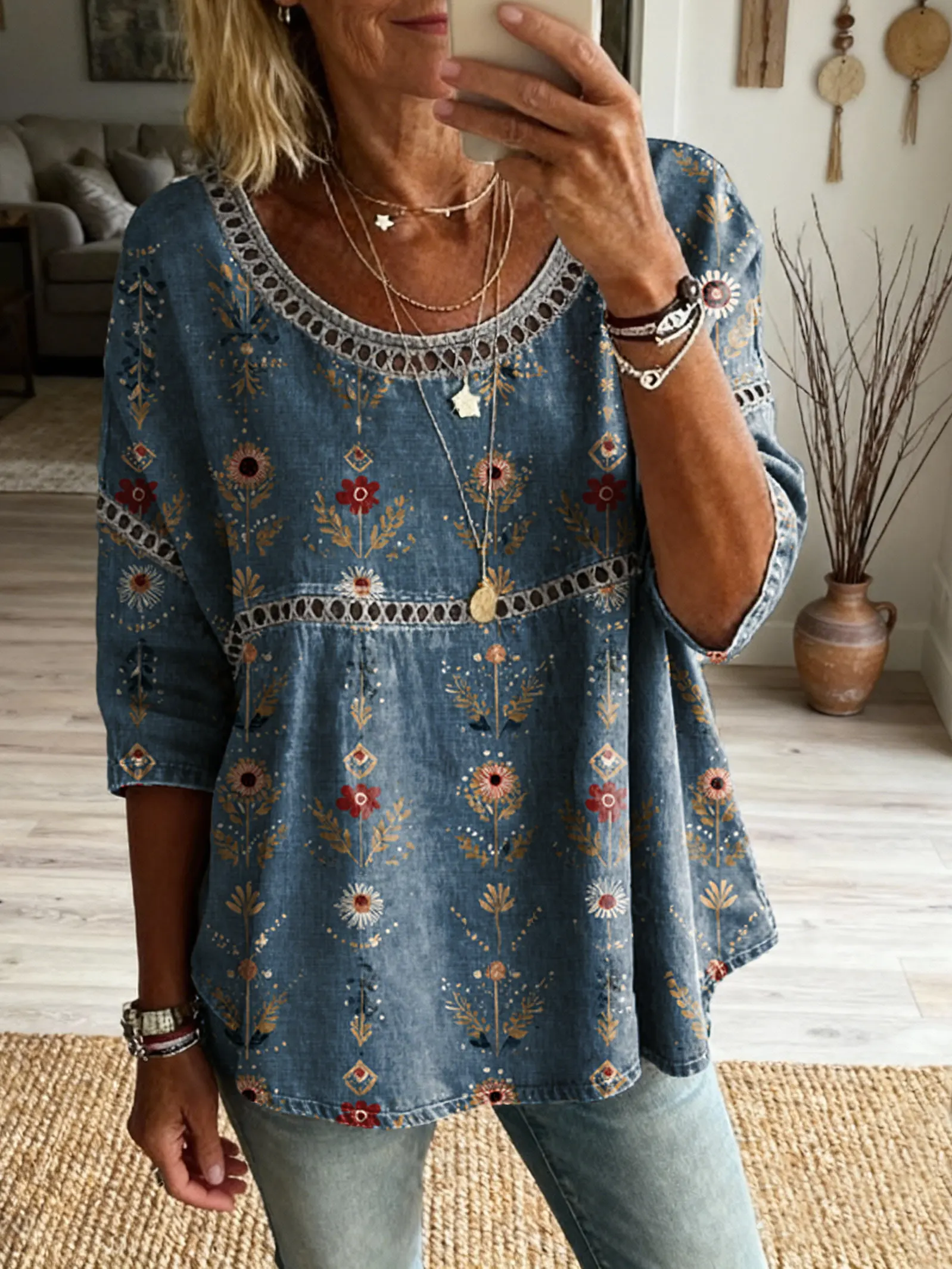 Women's Floral Pattern Art Print Casual Round Neck Lace-up Top