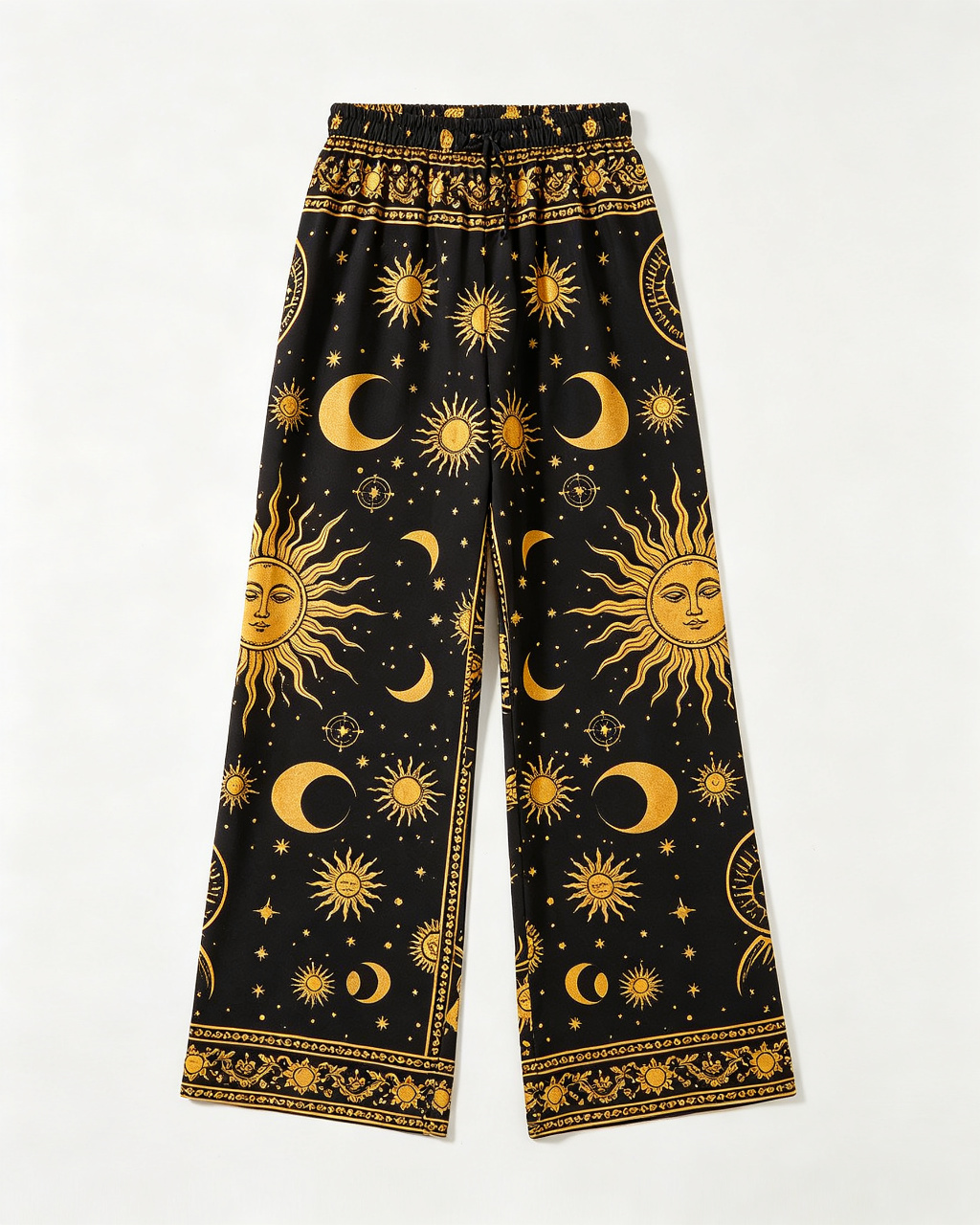 Women Celestial Sun Moon Print Wide Leg Palazzo Pants Elastic Drawstring Waist, Loose Flowy Fit