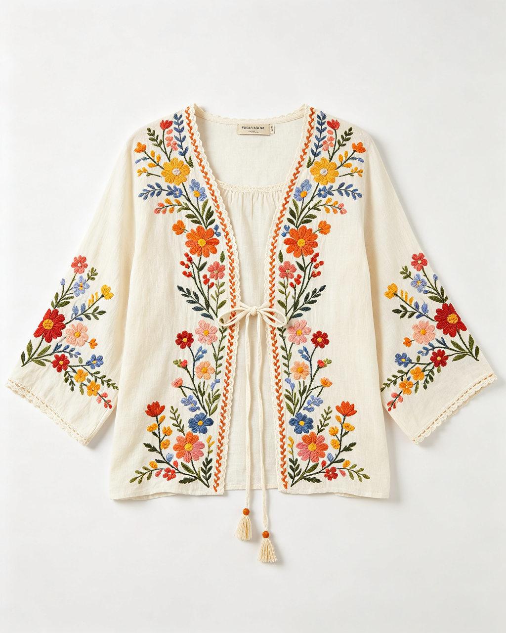 Women Floral Embroidery Tie Front Kimono Cardigan Loose Bohemian Relaxed Fit, Lightweight Woven Fabric