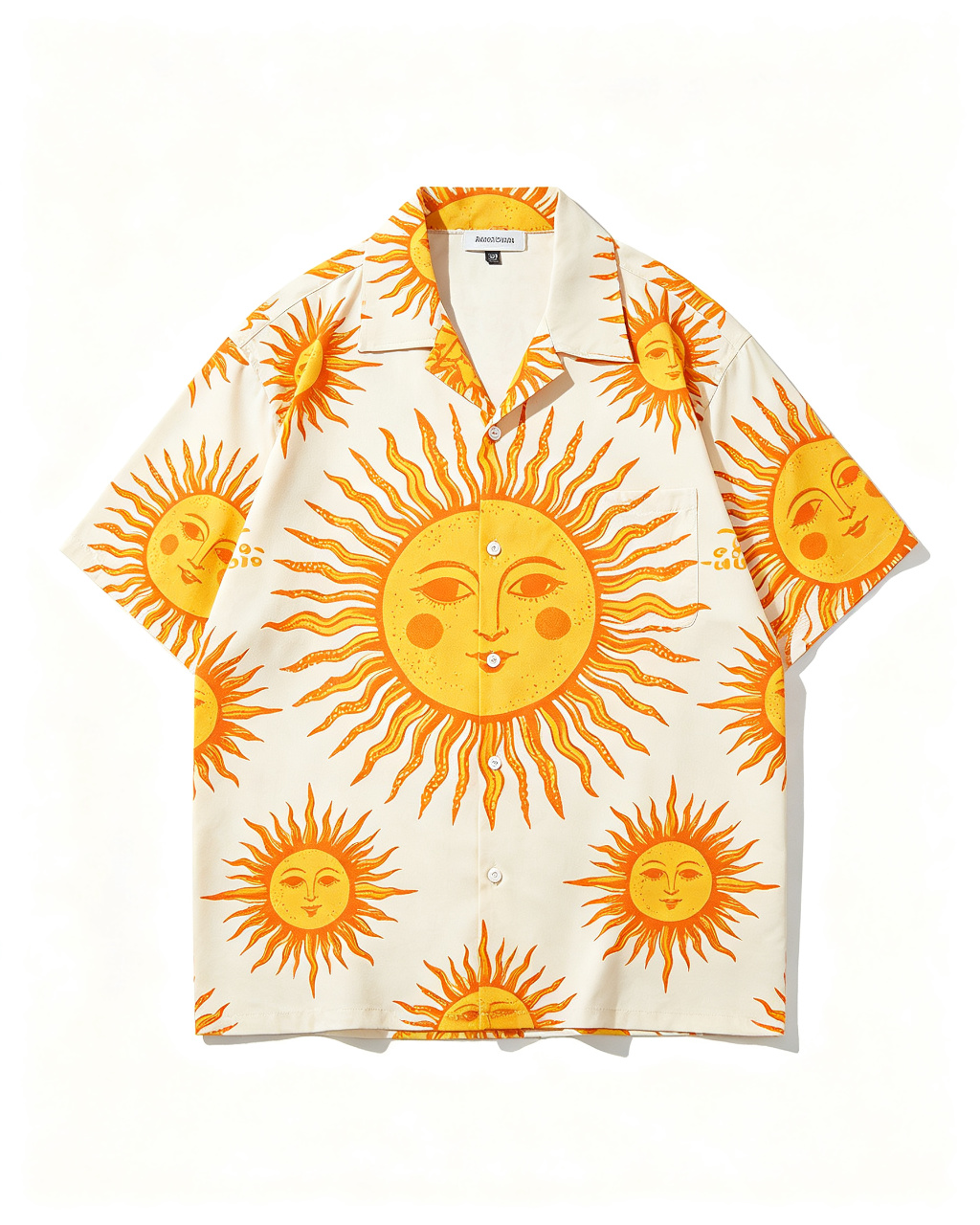 Unisex Celestial Sun Face Print Camp Collar Short Sleeve Shirt Relaxed Hawaiian Loose Fit, Wrinkle-resistant Lightweight Woven Fabric