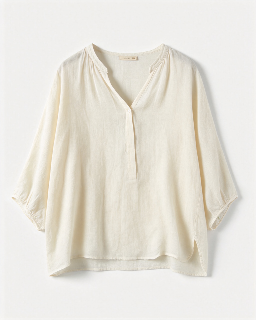 Off White Dusty Purple Dusty Blue Khaki Beige Half Placket V Neck 3/4 Puff Sleeve Linen Blend Blouse, Casual Loose Top