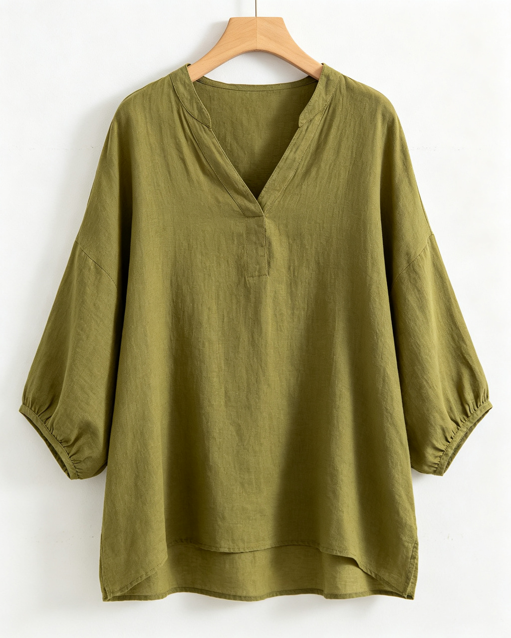 Olive Green Light Khaki Dusty Slate Blue Natural Off White V Neck Drop Shoulder Puff Sleeve Linen Blend Blouse