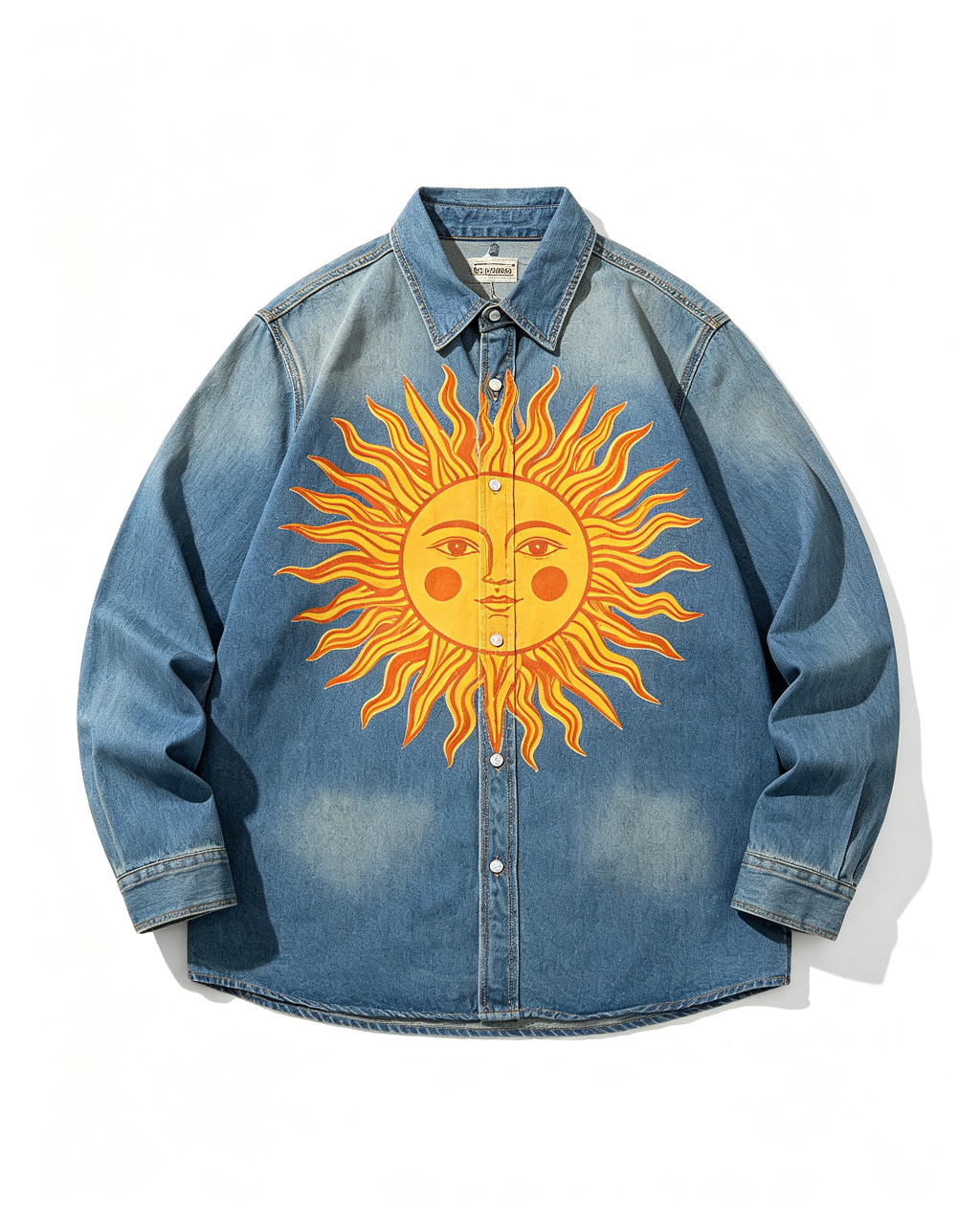 Medium Washed Blue Black Pale Light Blue Grey Gradient Deep Vintage Blue Sand Khaki Wash Celestial Sun Face Print Unisex Long Sleeve Denim Shirt