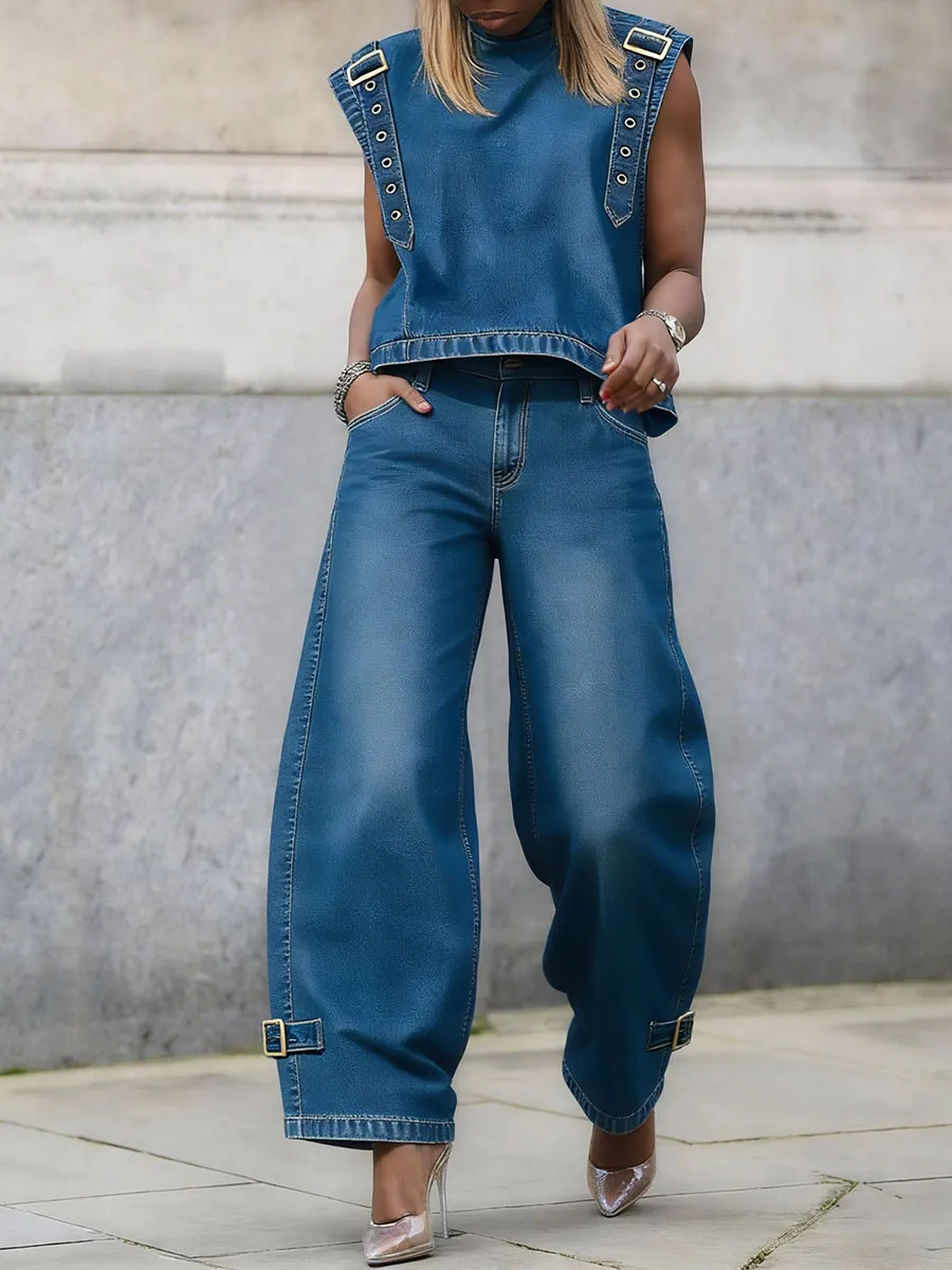 Fashion Sleeveless Buckle Detail Denim Crop Top & Wide Leg Cuff Jeans Two Piece Set for Streetwear Daily Outing Club Party