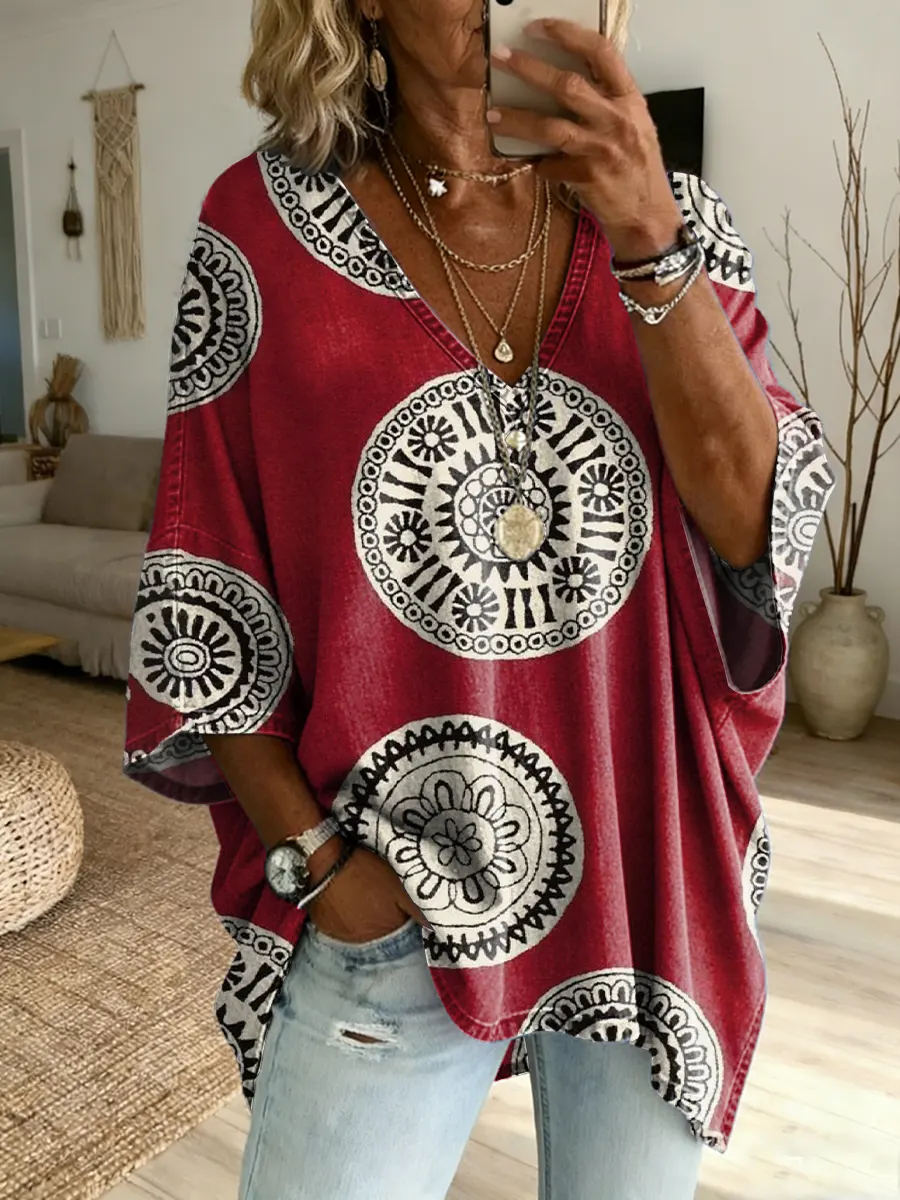 Women's Vintage-Style Totem Art Print Casual Loose Washed Cotton Denim Top