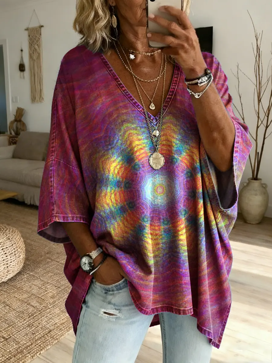 Ethnicity Kaleidoscope Purple Women's Art Print Casual Washed Cotton Denim Top