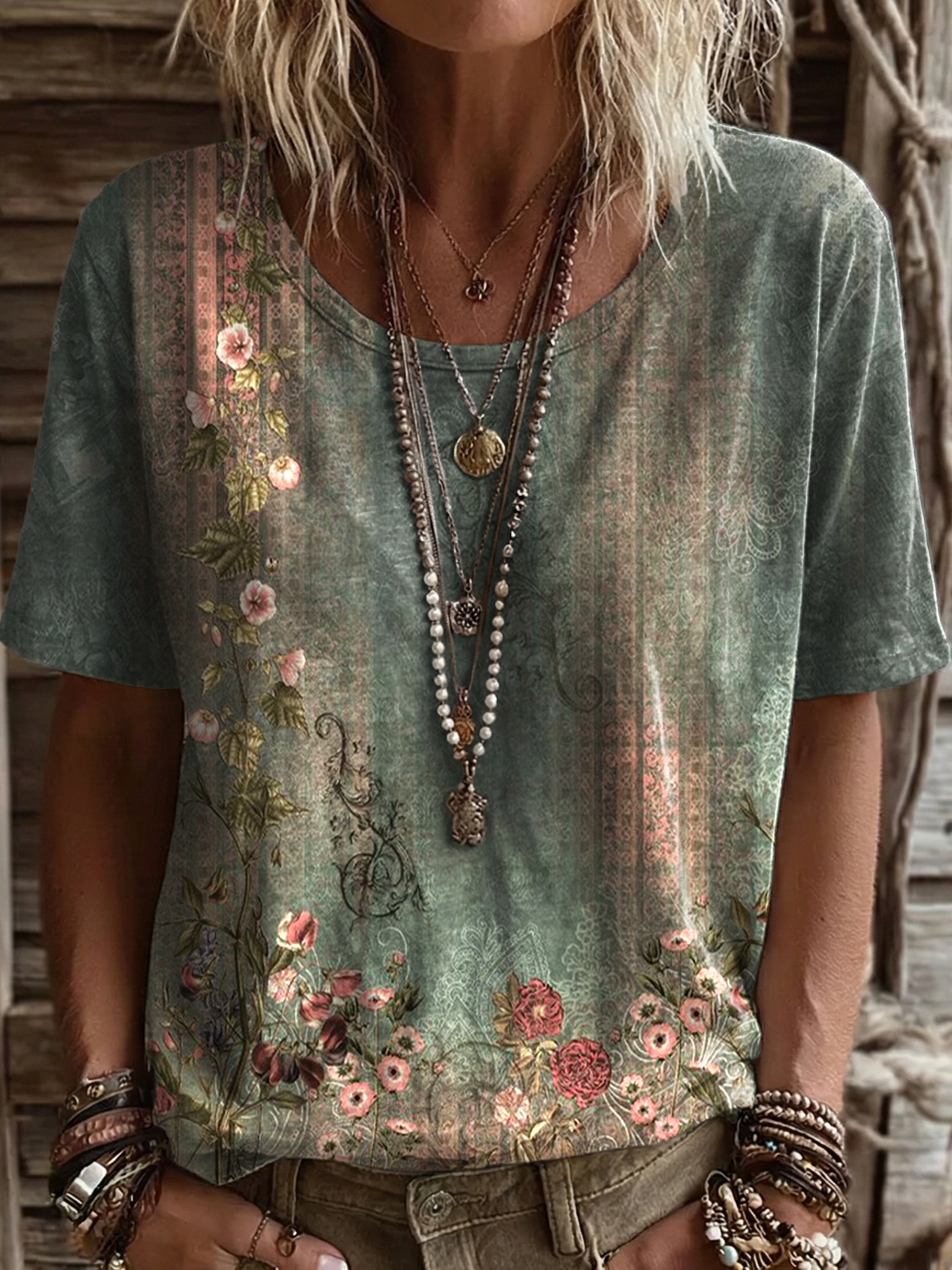 Women's Vintage Ethnic Green Floral Art Print Casual Round Neck Short Sleeve Cotton T-shirt