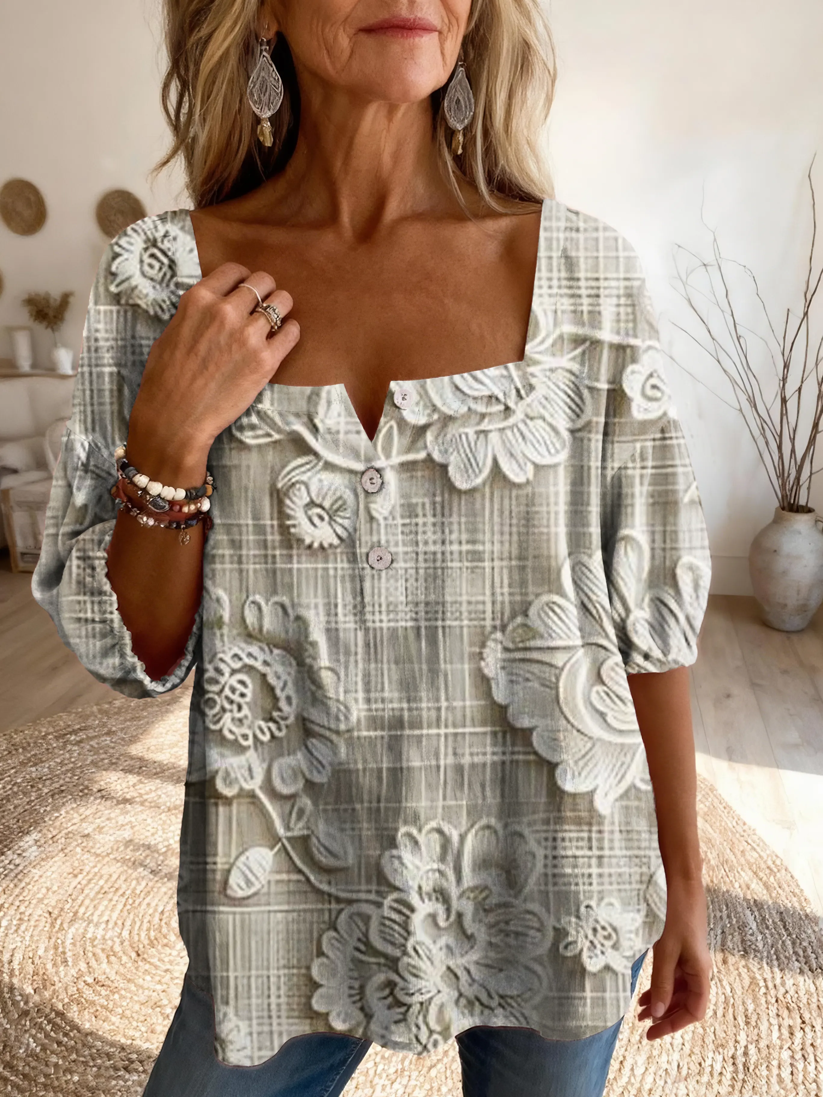Women's Vintage Ethnic Floral Print Artistic Casual Square Neck Top