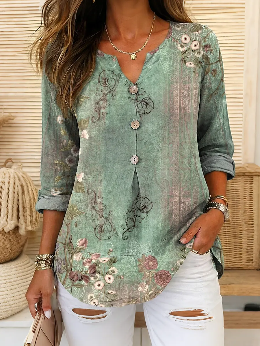 Women's Floral Art Print Long-Sleeved Cotton Shirt