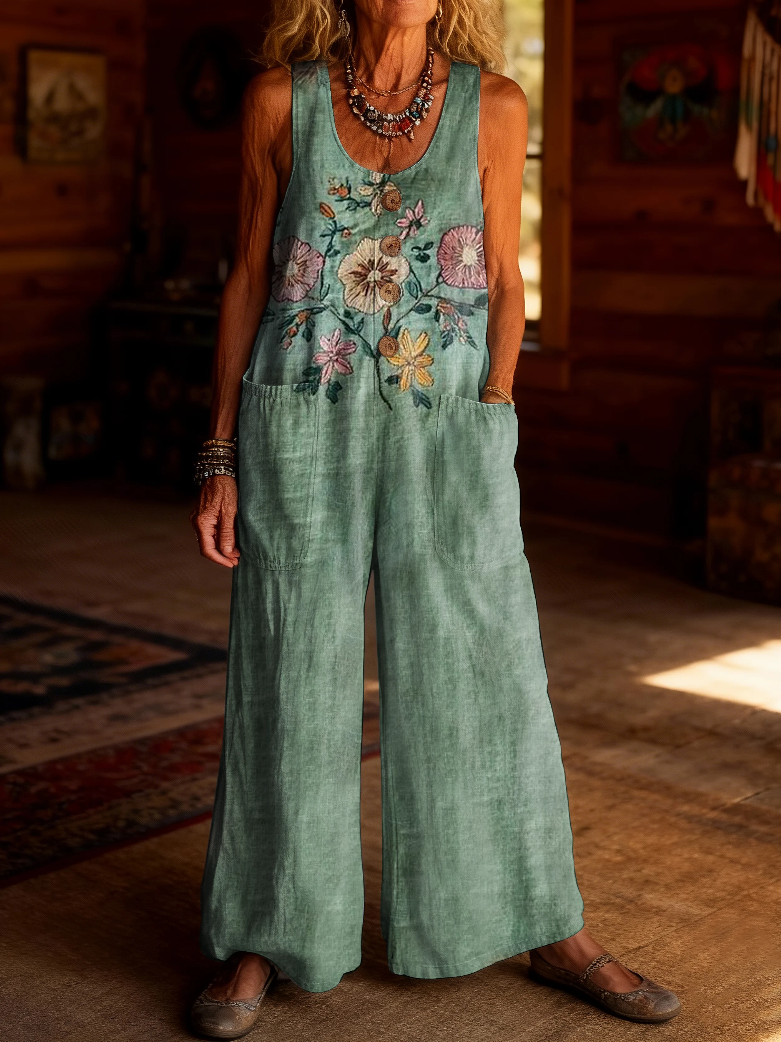 Women's Vintage Bohemian Floral Art Print Casual Jumpsuit 100% Cotton Material Wide-leg Design.