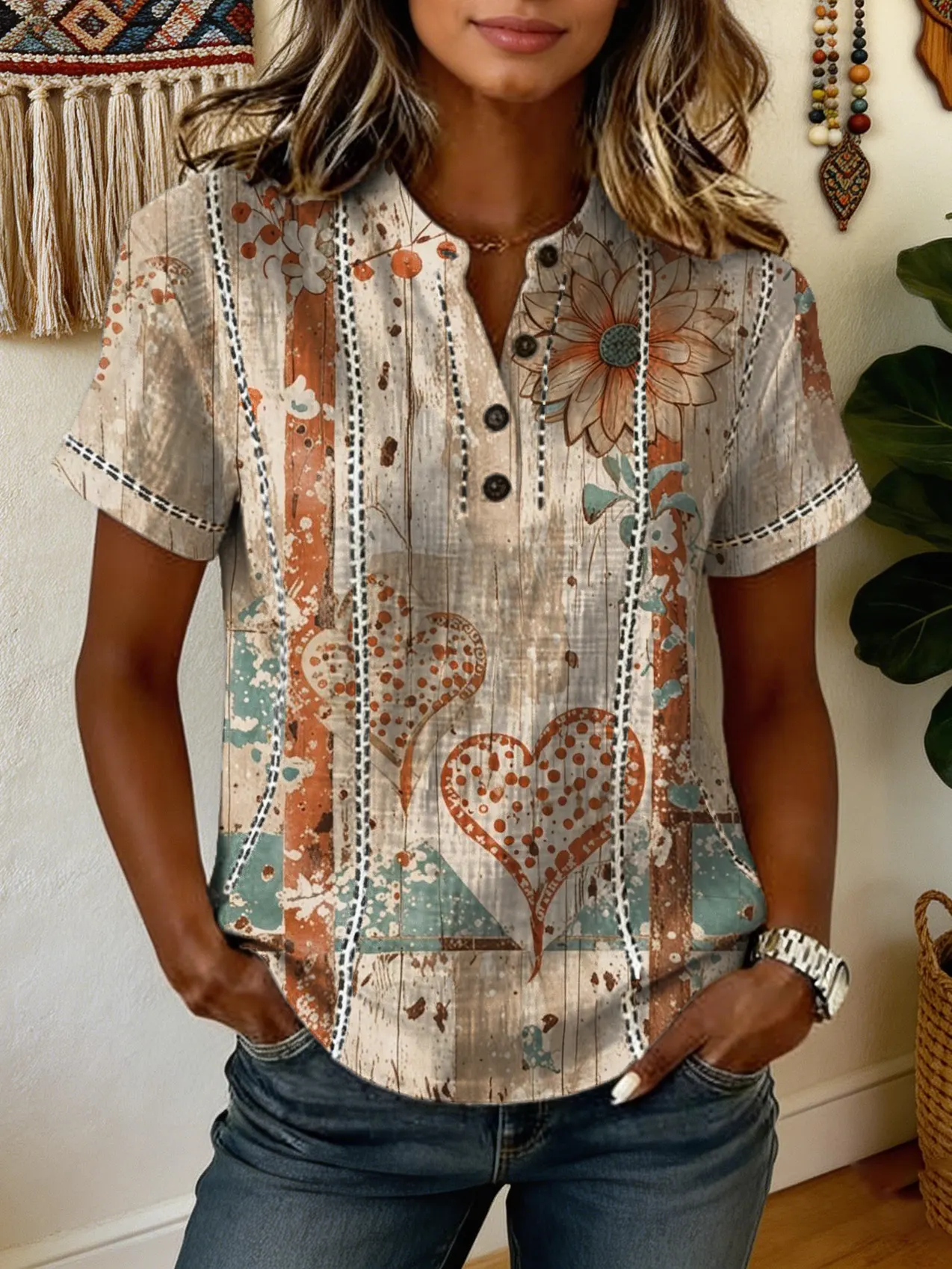 Women's Short-sleeve Cotton-linen Blouse With Artistic Daisy And Heart Print And Cut-out Details