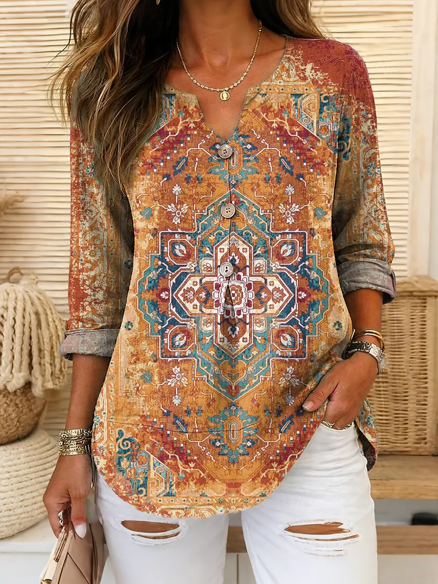 Women's Ethnic Art Print Long-Sleeved Cotton Shirt