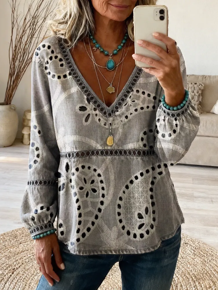 Women's Paisley Floral Art Print Casual Long-Sleeved V-Neck Hollow-Out Top