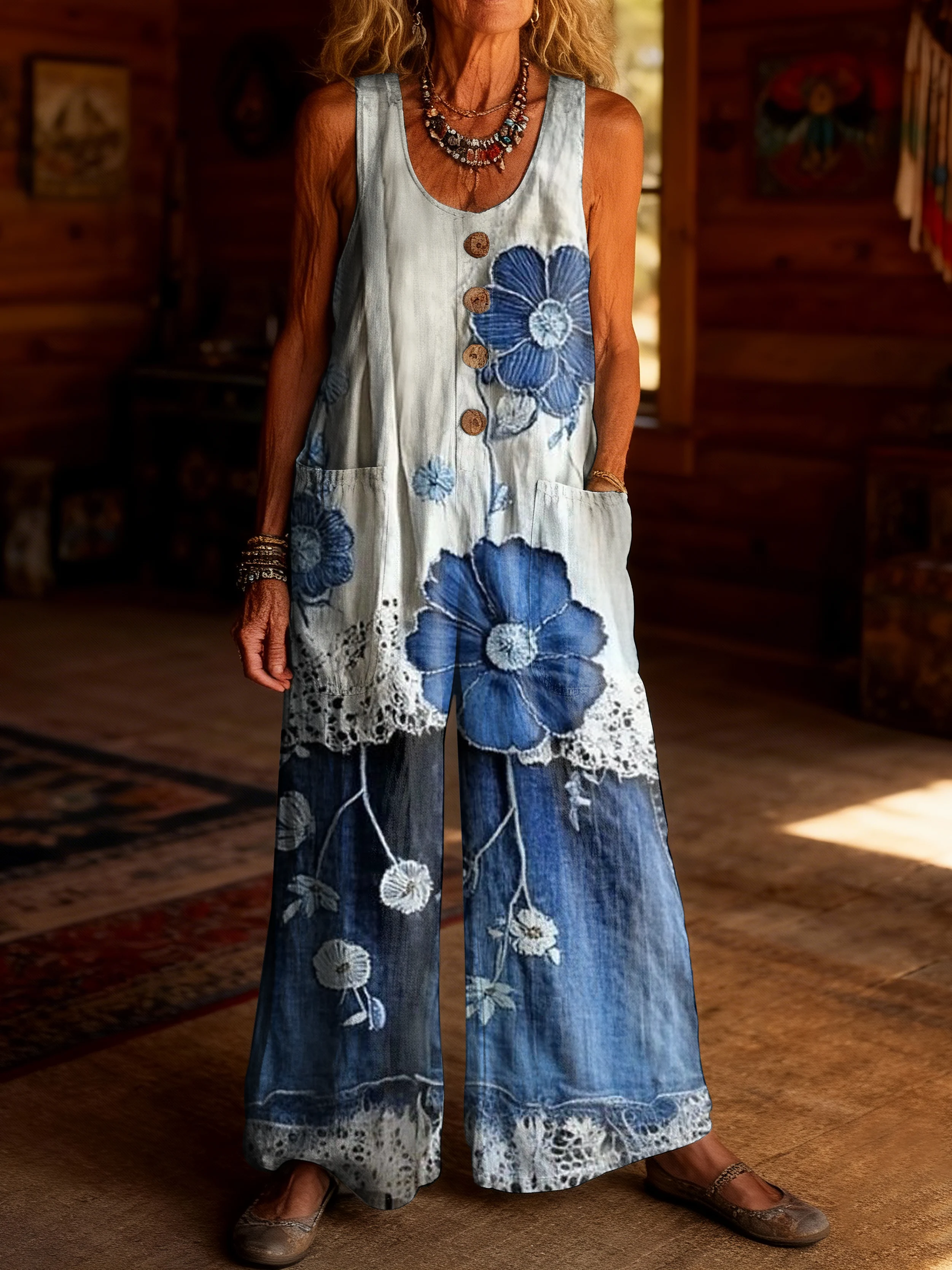 Women's Vintage Lace Floral Patchwork Art Print Casual Jumpsuit 100% Cotton Material Wide-leg Design.