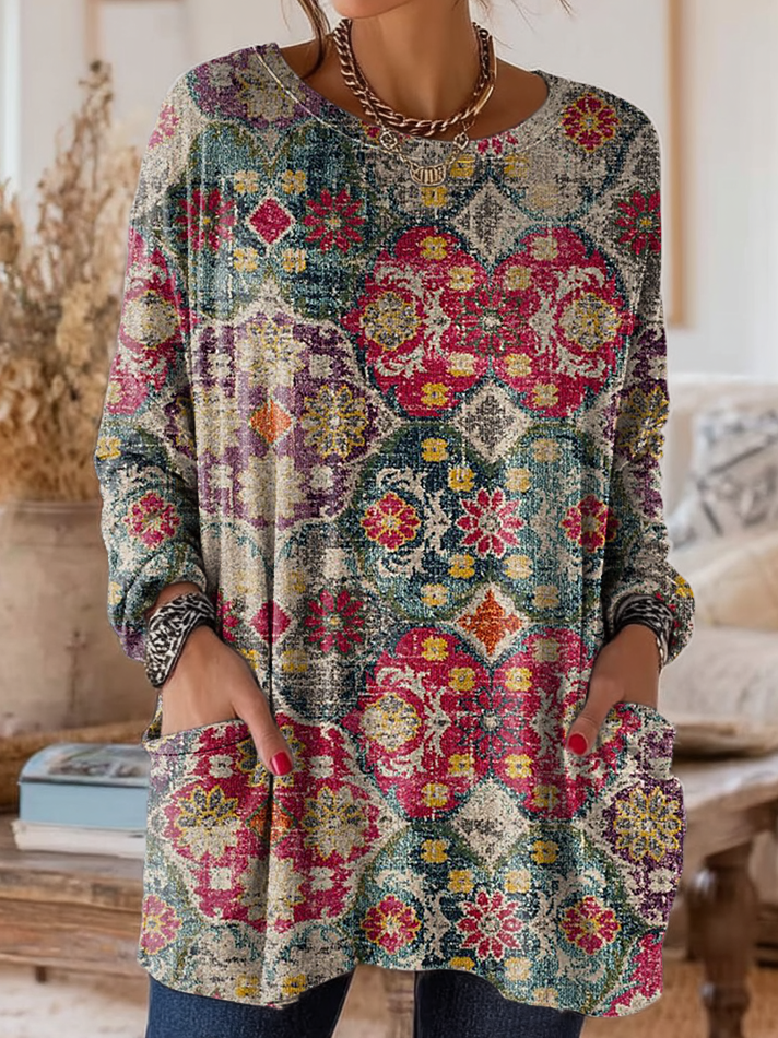 Women's Retro Ethnic Art Print Casual Long-Sleeve Round Neck Pocket Cotton T-Shirt