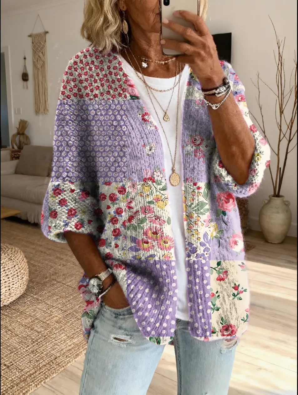 Women's Vintage Patchwork Floral Art Print Casual Cardigan Sweater