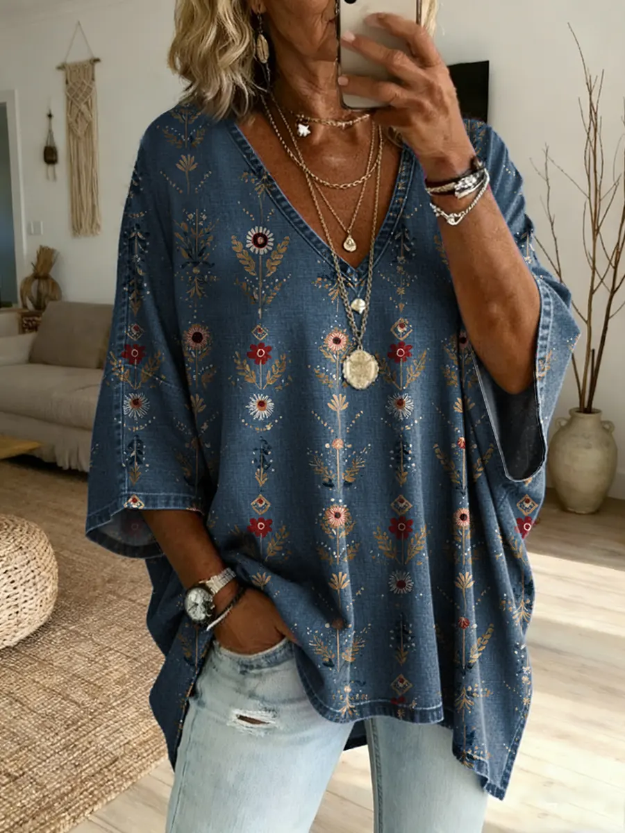 Women's Vintage Ethnic Floral Print Casual Washed Cotton Denim Shirt