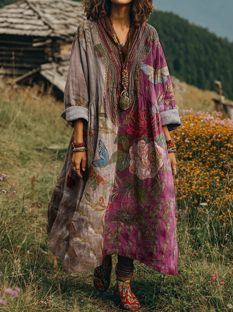 Women's Vintage Floral Patchwork Art Print V-neck Long-sleeve Dress