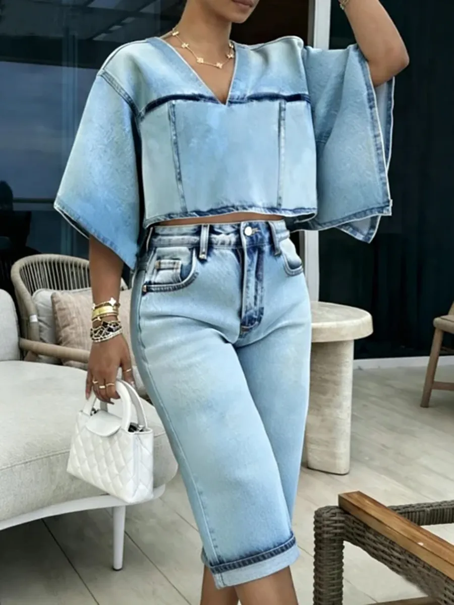 Casual Light Wash V Neck Wide Flare Sleeve Denim Crop Top & High Waist Straight Jeans Two Piece Set for Daily Street Shopping Vacation