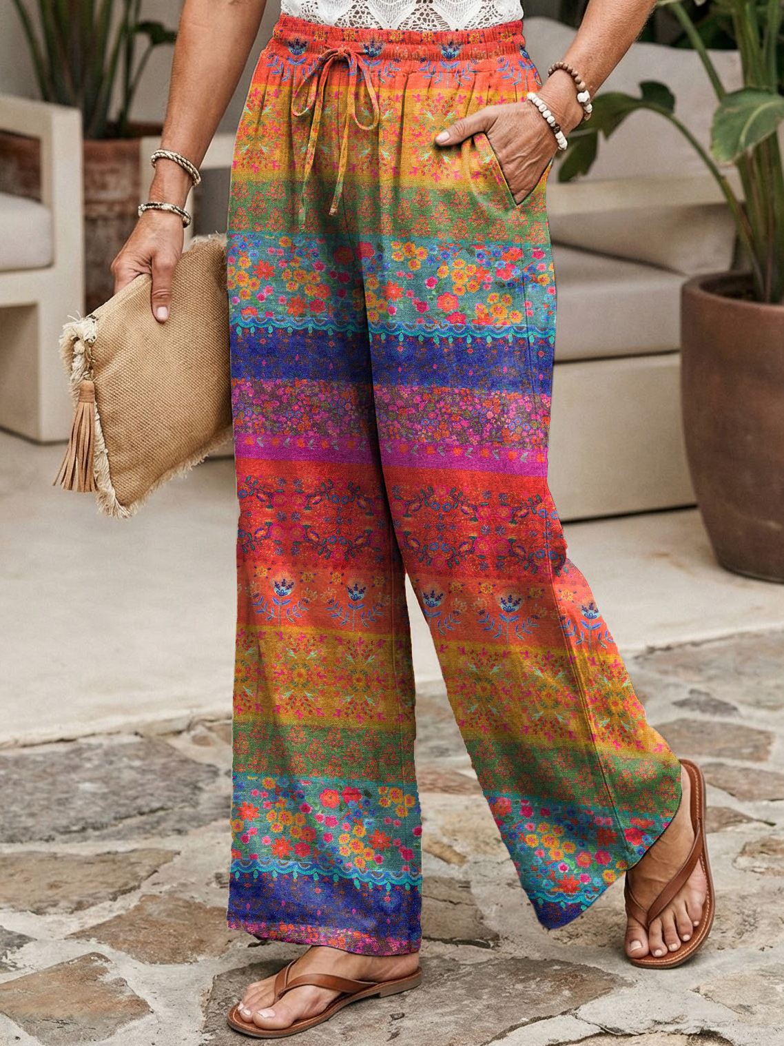 Women's Vintage Ethnic Bohemian Floral Art Print Leisure Pocket Cotton Pants