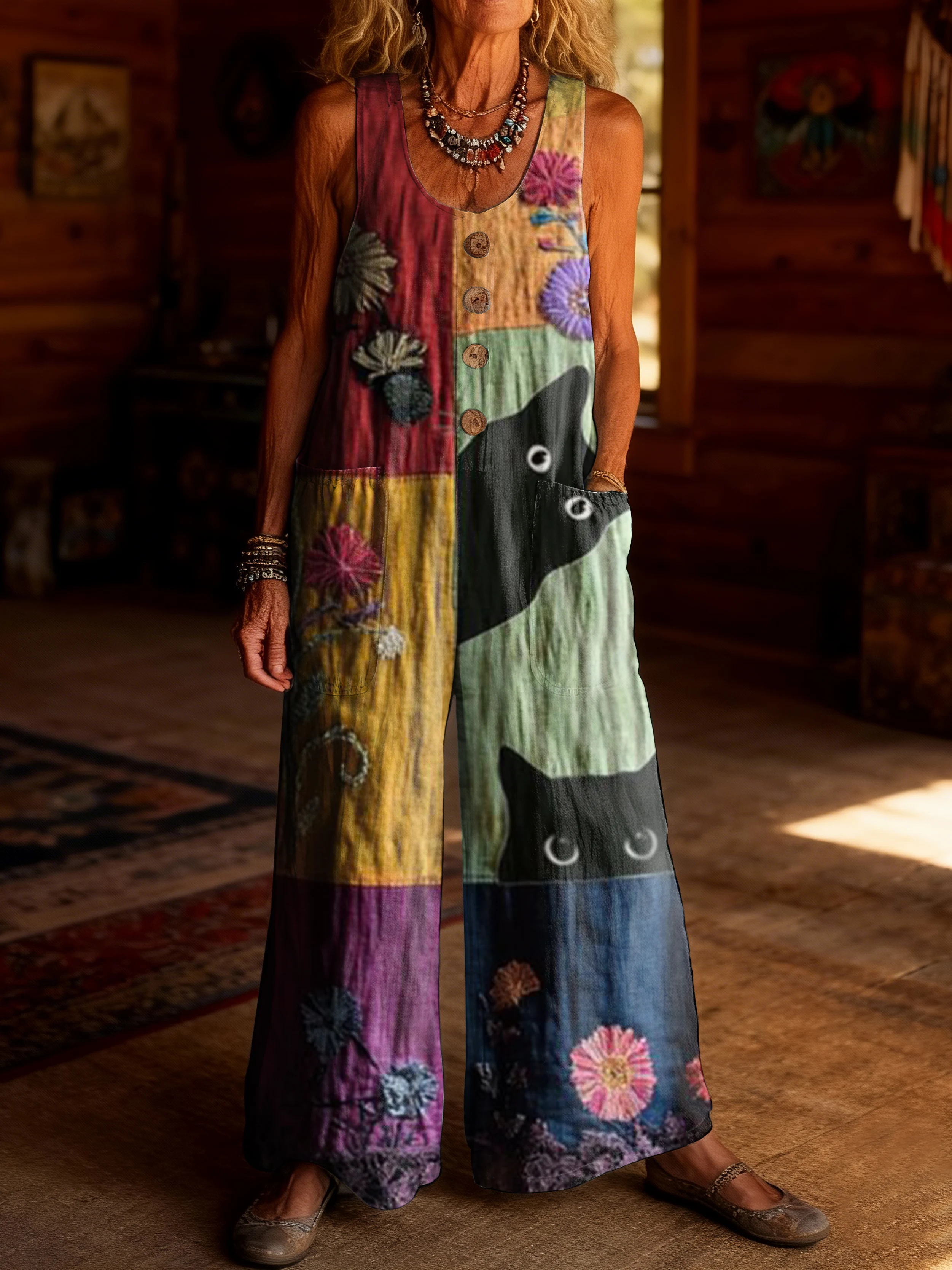Women's Retro Patchwork Colorful Cat Art Print Casual Jumpsuit 100% Cotton Material Wide-leg Design.