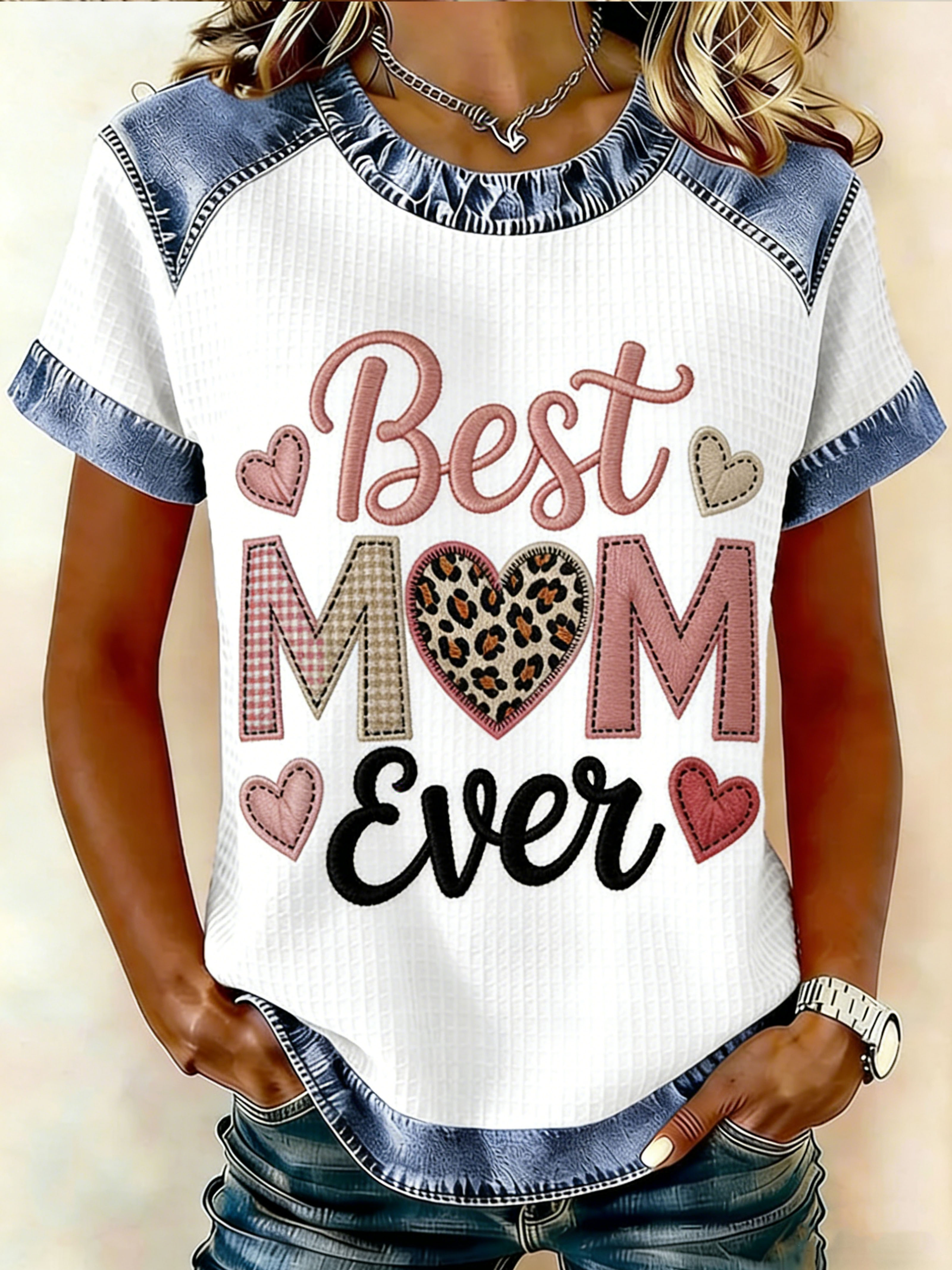 Best Mom Ever Leopard Heart Denim Patchwork Waffle T-Shirt