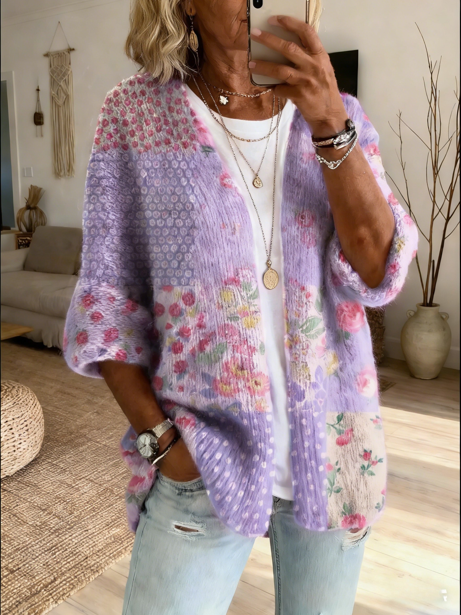 Women's Vintage Patchwork Floral Art Print Casual Cardigan Sweater